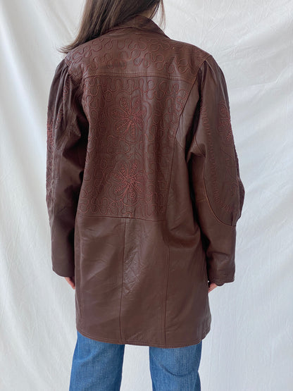 Coolest 80s Vintage Women’s Brown Floral Embroidered Genuine Leather Coat - L