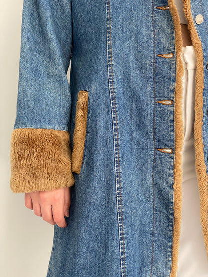 Y2K Luckystars Heavy Denim Coat with Brown Faux Fur Lining – L