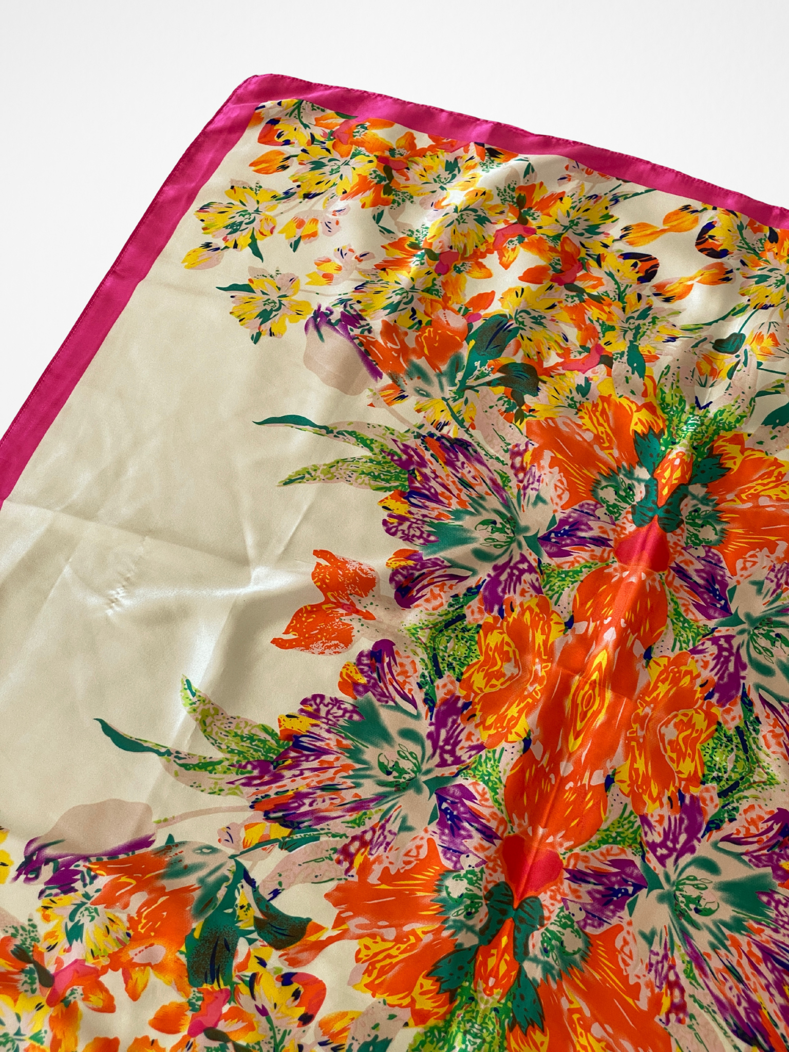 Vintage Tropical Bloom Orange Yellow Floral Satin Silk Square Scarf
