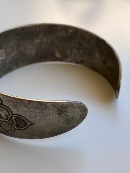 Vintage North African Style Silver-Tone Engraved Fish & Floral Wide Cuff Bracelet