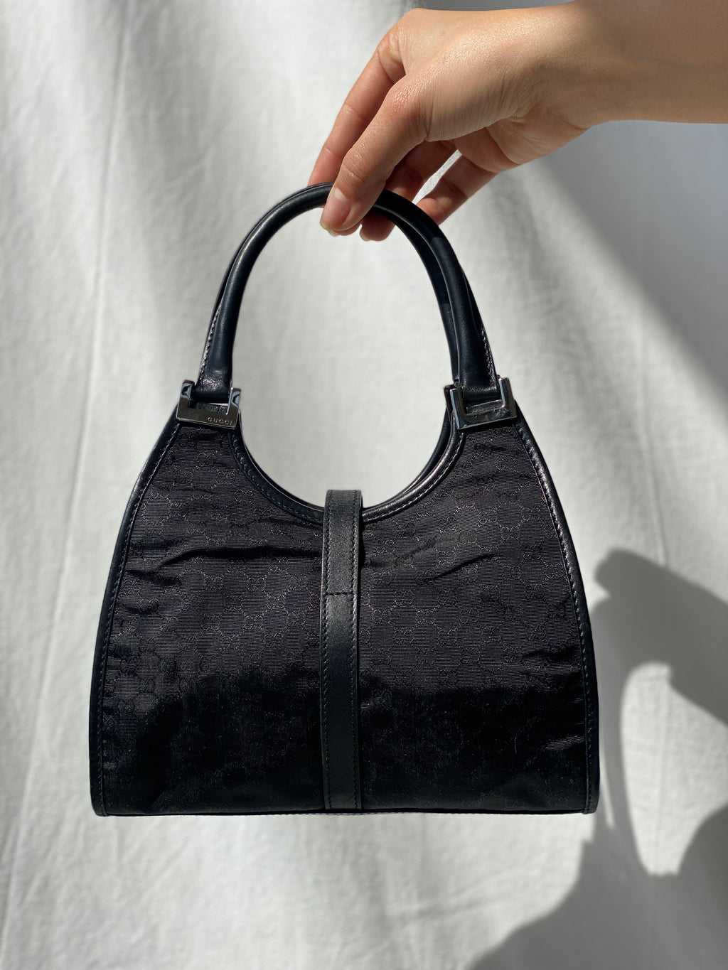 Vintage 00s Gucci Jackie Bardot Black Leather Monogram GG Canvas Mini Handbag