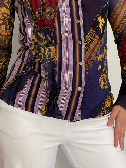 Y2K Save The Queen! Multicolor Whimsical Baroque Sheer Shirt – M