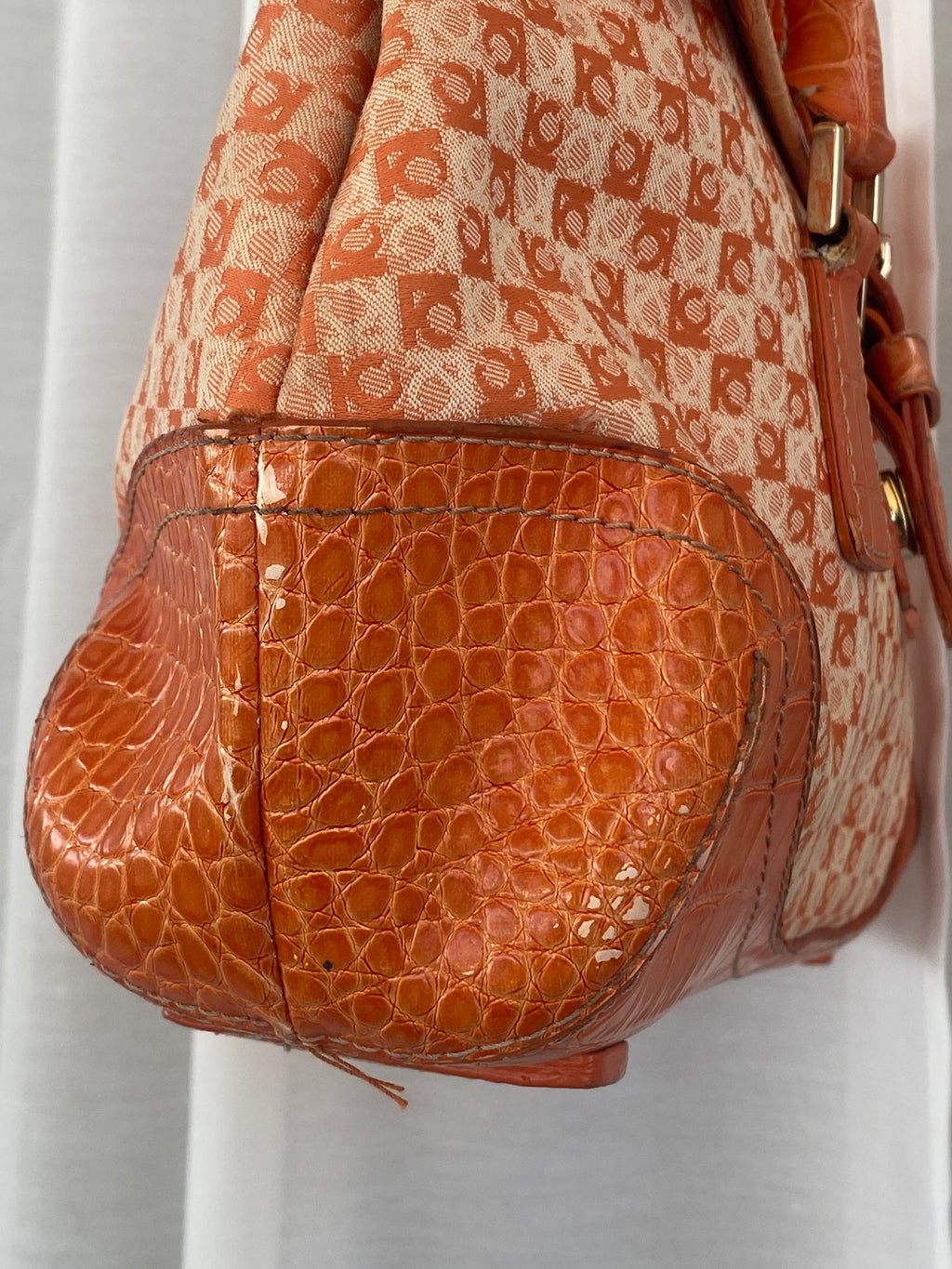 Liz Claiborne NYC Signature Fabric Orange Monogram with Faux Croc Leather Print Shoulder Bag