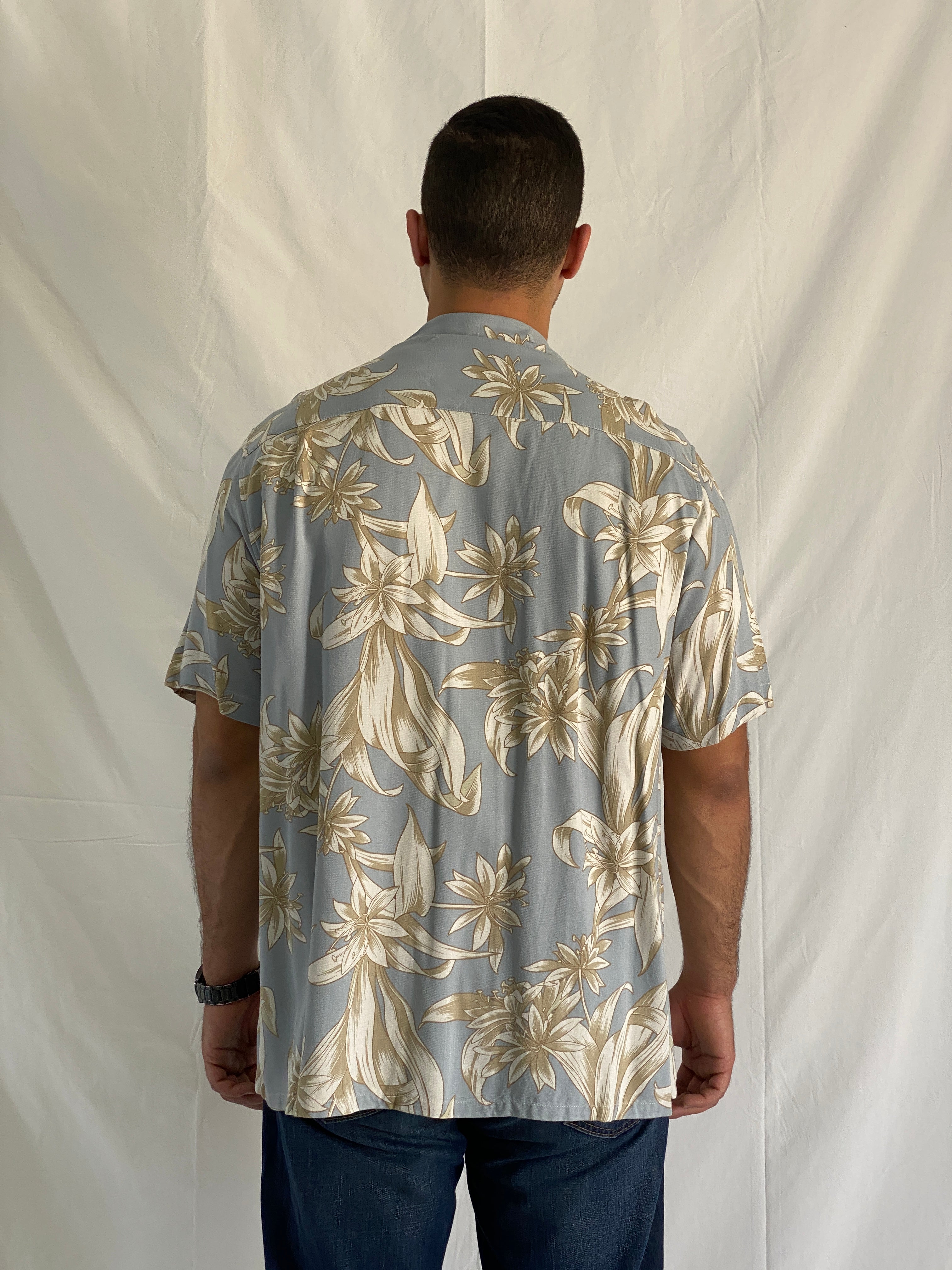 Vintage Island Republic Silk Blend Hawaiian Blue & Beige Floral Men’s Short Sleeve Aloha Shirt - 2XL