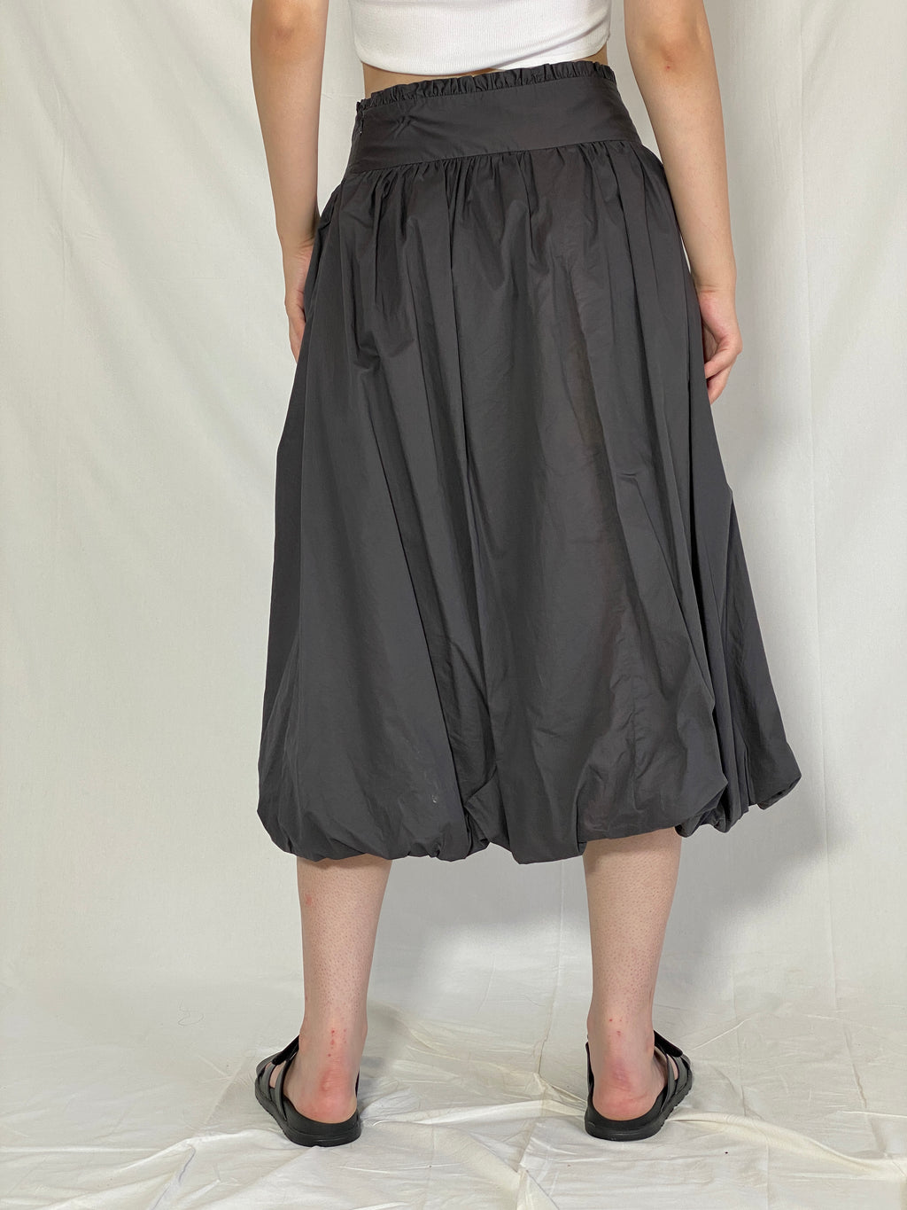 Lavanda Whimsygoth Dark Gray Bubble Midi Skirt Futuristic High Waist Skirt with Button Detail - M