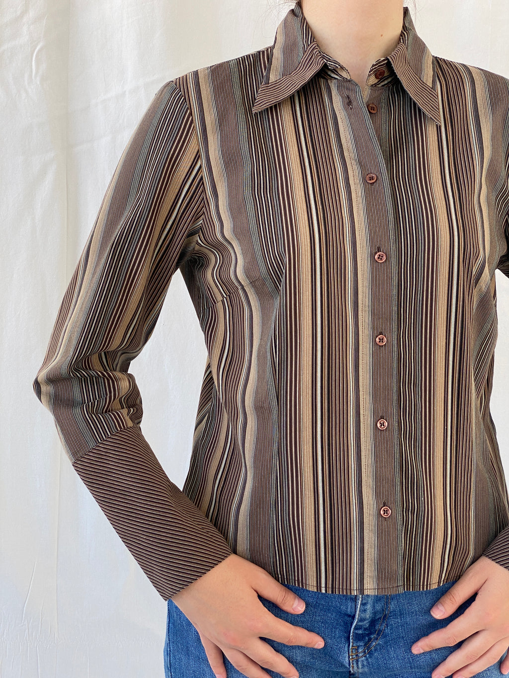 Vintage Taifun Collection Striped Brown Long Sleeve Office Shirt - M