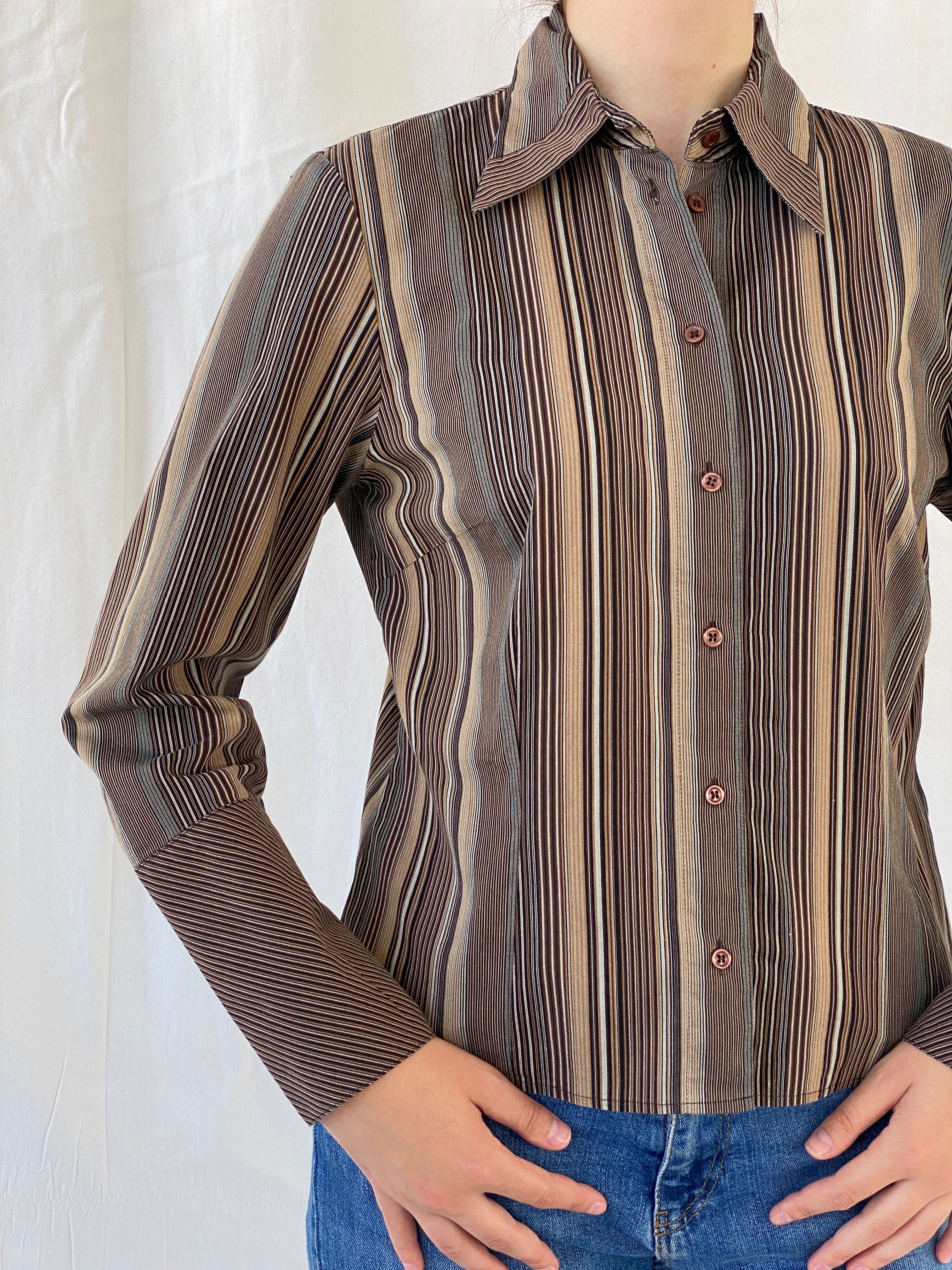 Vintage Taifun Collection Striped Brown Long Sleeve Office Shirt - M