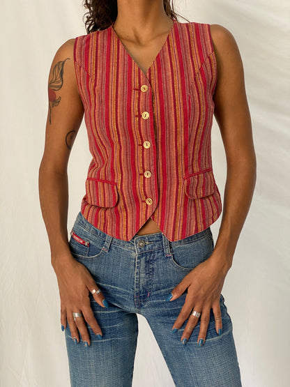 Vintage Y2K Petite Sophisticate Red Metallic Striped Cotton Blend Waistcoat Vest - S