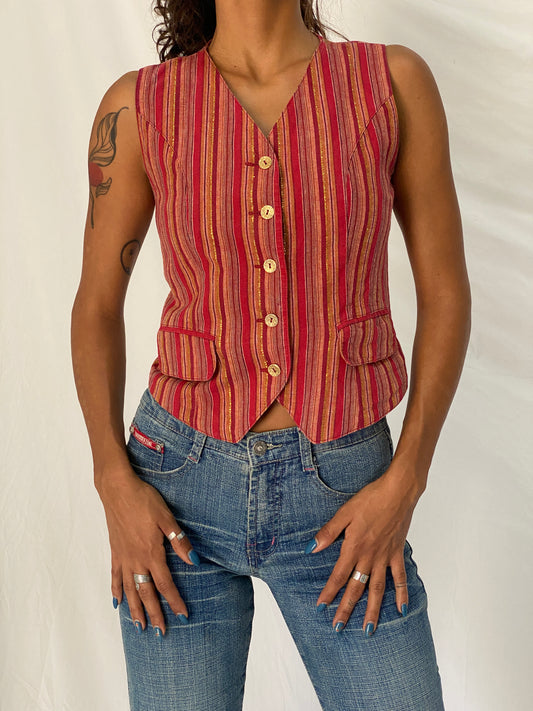 Vintage Y2K Petite Sophisticate Red Metallic Striped Cotton Blend Waistcoat Vest - S