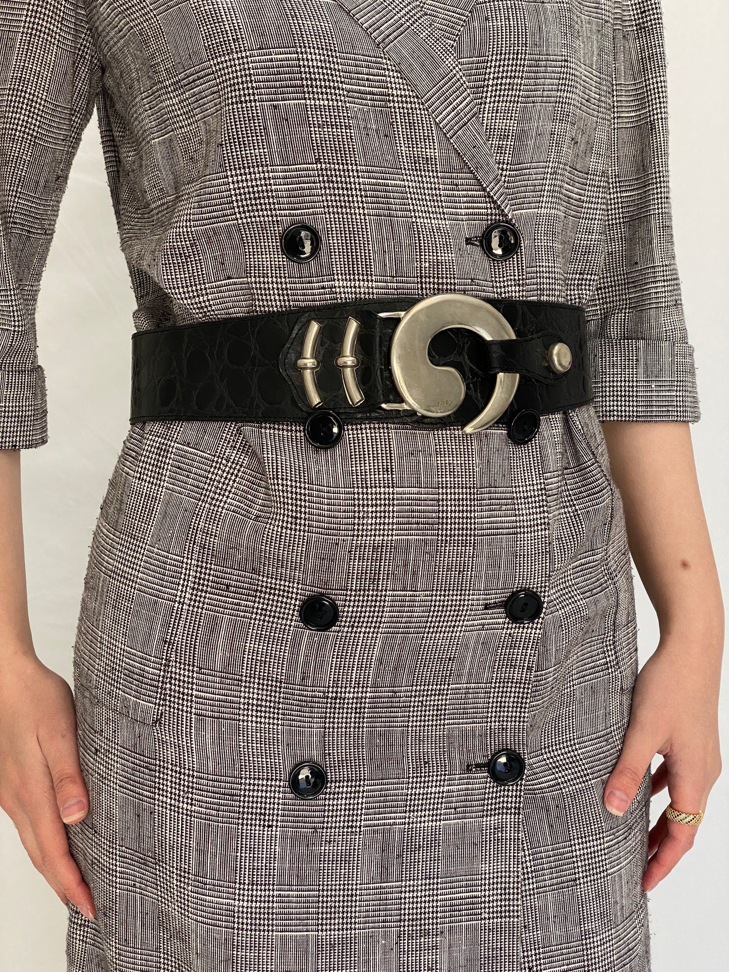 Vintage Croc Embossed Leather Statement Belt with Oversized Silver Buckle