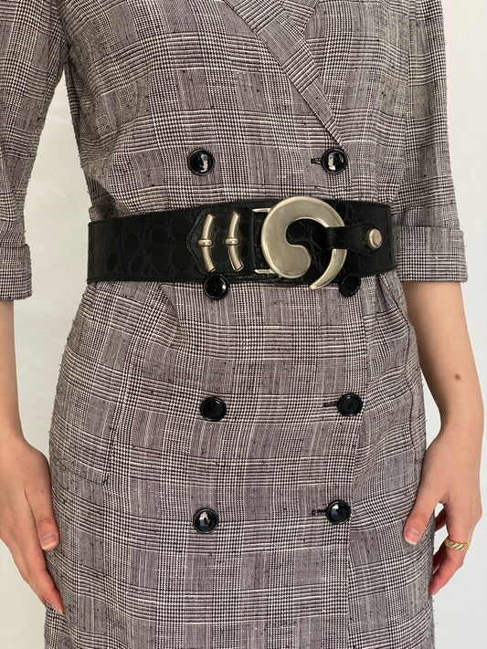 Vintage Croc Embossed Leather Statement Belt with Oversized Silver Buckle