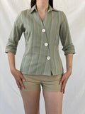 Y2K Kiabi Woman Office Core Green Striped Asymmetric Buttoned Shirt - M