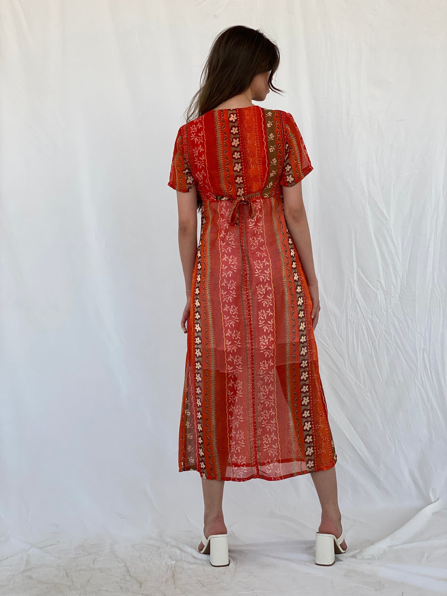 Vintage Kitty-K Orange Sheer Boho Print Midi Dress - M