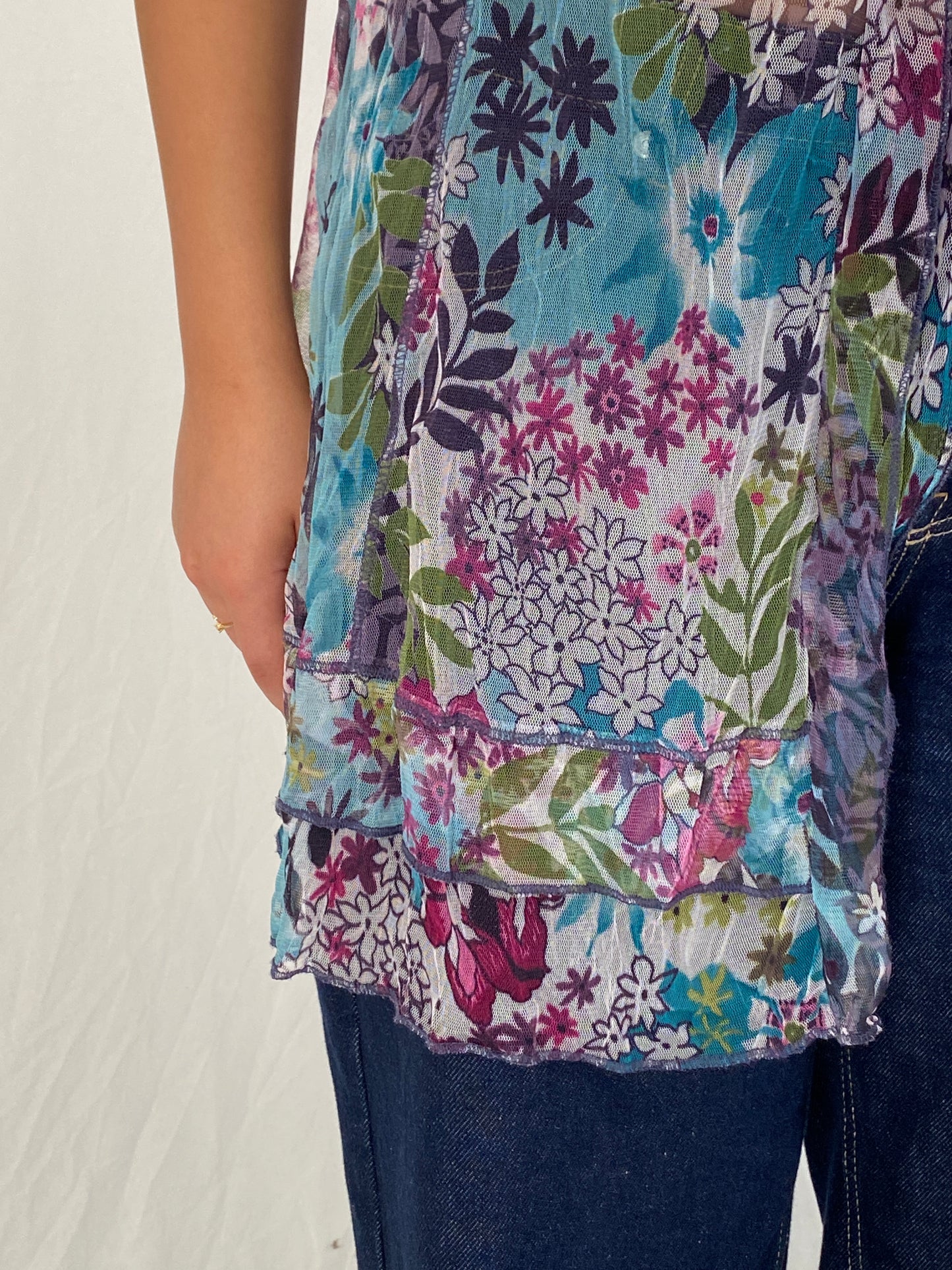 Vintage Y2K Tredy Blue Multicolor Floral Mesh Ruffle Tunic Top - M