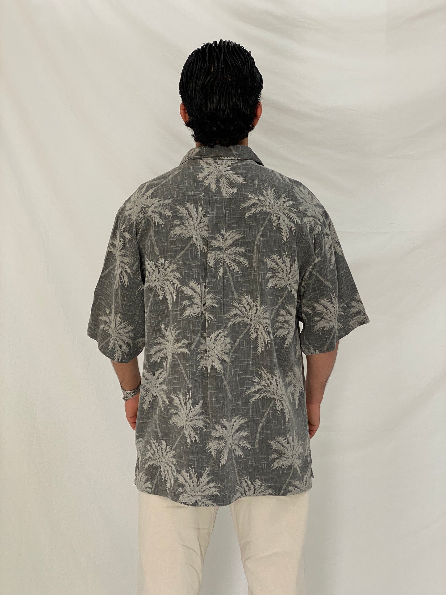 Vintage Jamaica Jaxx Grey Palm Tree Silk Men’s Vacation Shirt – L