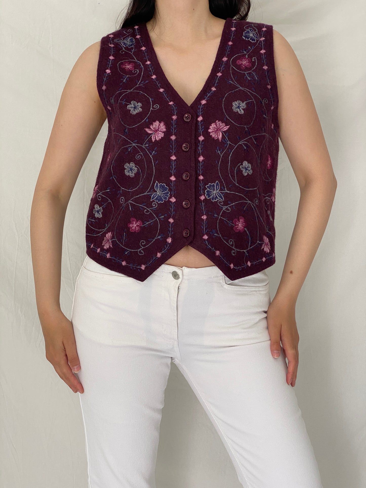Vintage Y2K NorthCrest Embroidered Floral Wool Blend Vest Boho Cottagecore Button Front Vest – S
