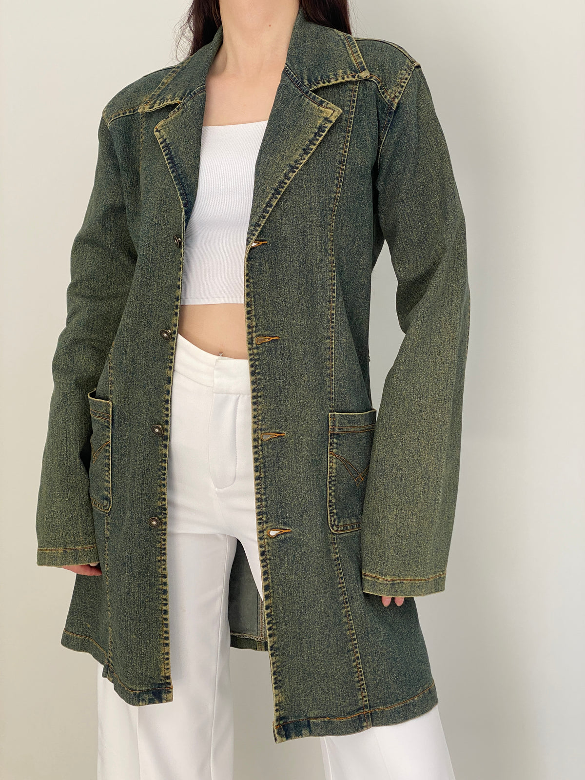 Vintage Y2K C&Y Classic Jeans Olive Blue Cotton Denim Longline Blazer Coat - XL
