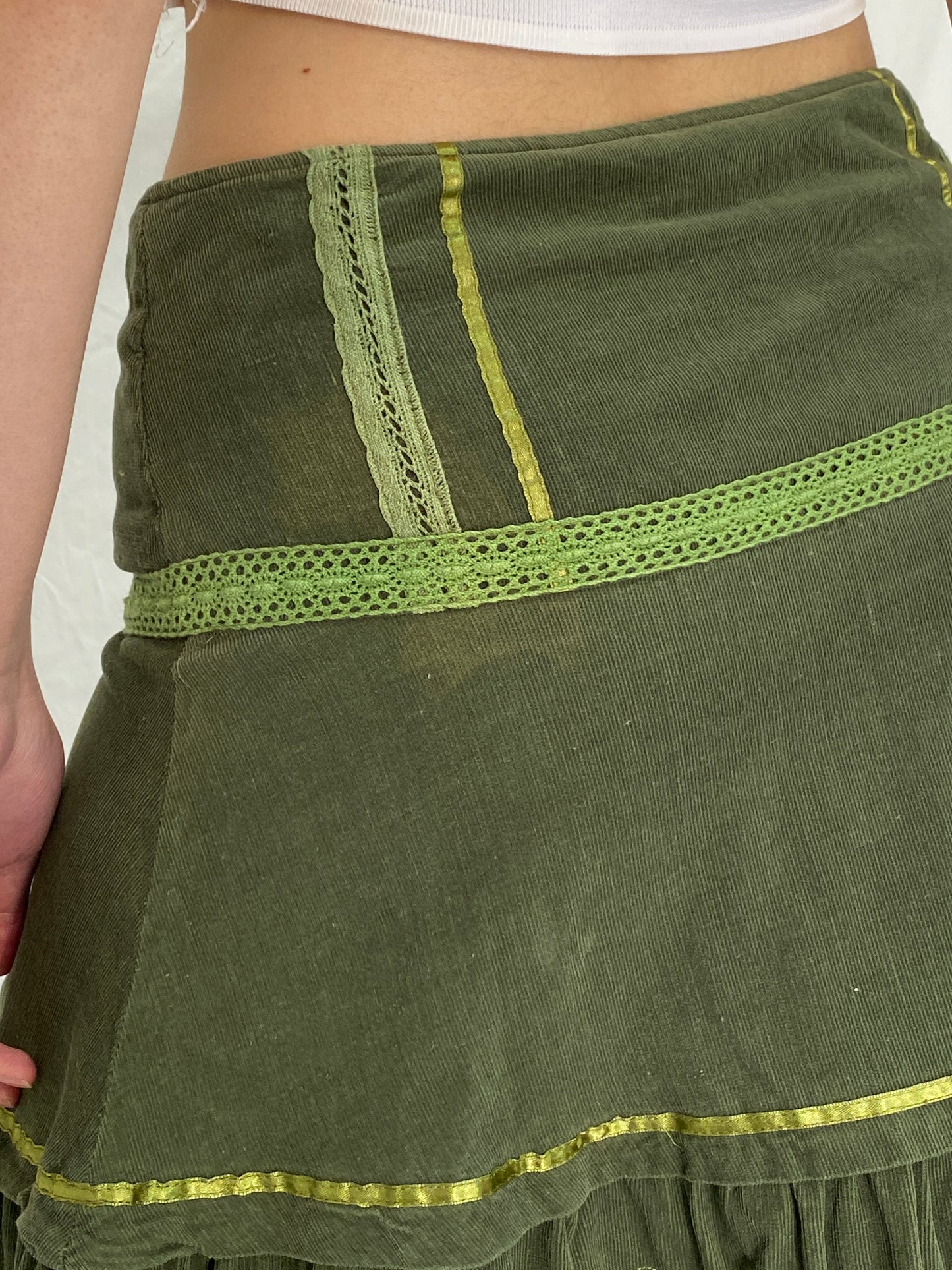 Vintage Y2K Jaune Rouge Paris Olive Green Corduroy Tiered Embroidered Midi Skirt - L
