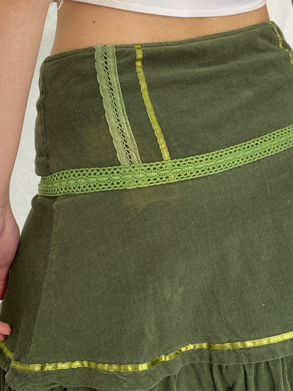 Vintage Y2K Jaune Rouge Paris Olive Green Corduroy Tiered Embroidered Midi Skirt - L
