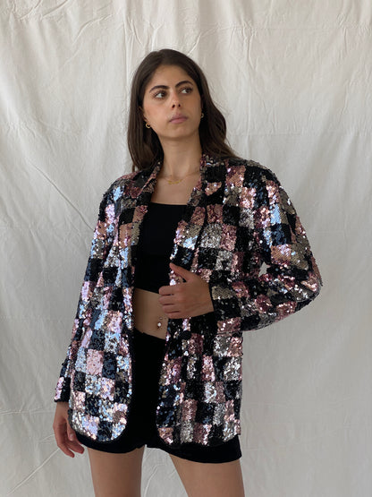 Statement Vintage Jris Black, Pink & Silver Sequin Party Blazer - M