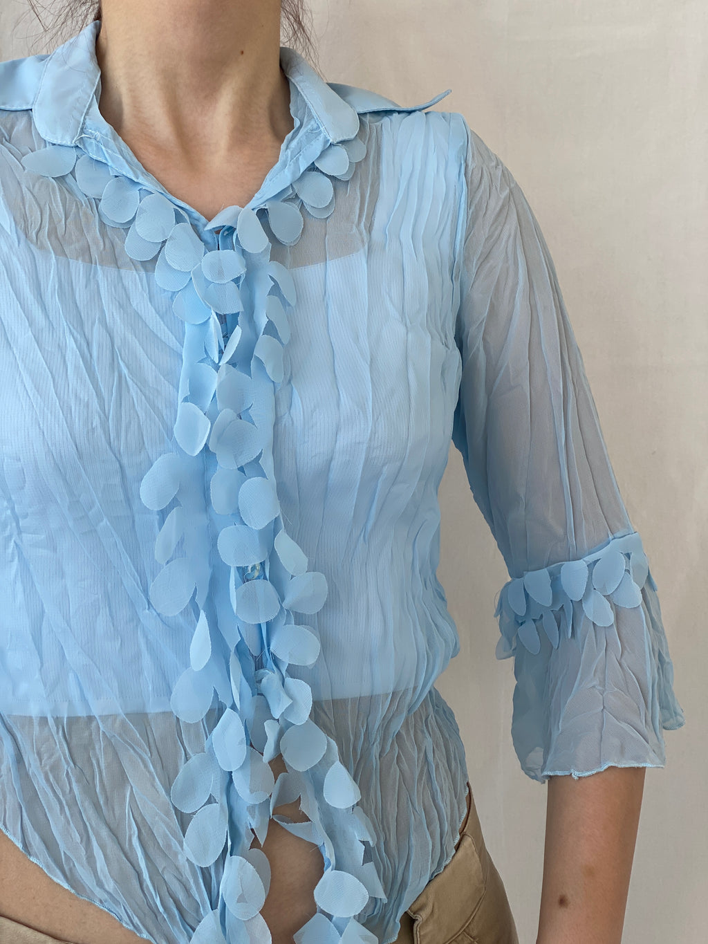 Vintage Y2K Smart Women Blue Ruffled Sheer Romantic Cardigan Shirt - M
