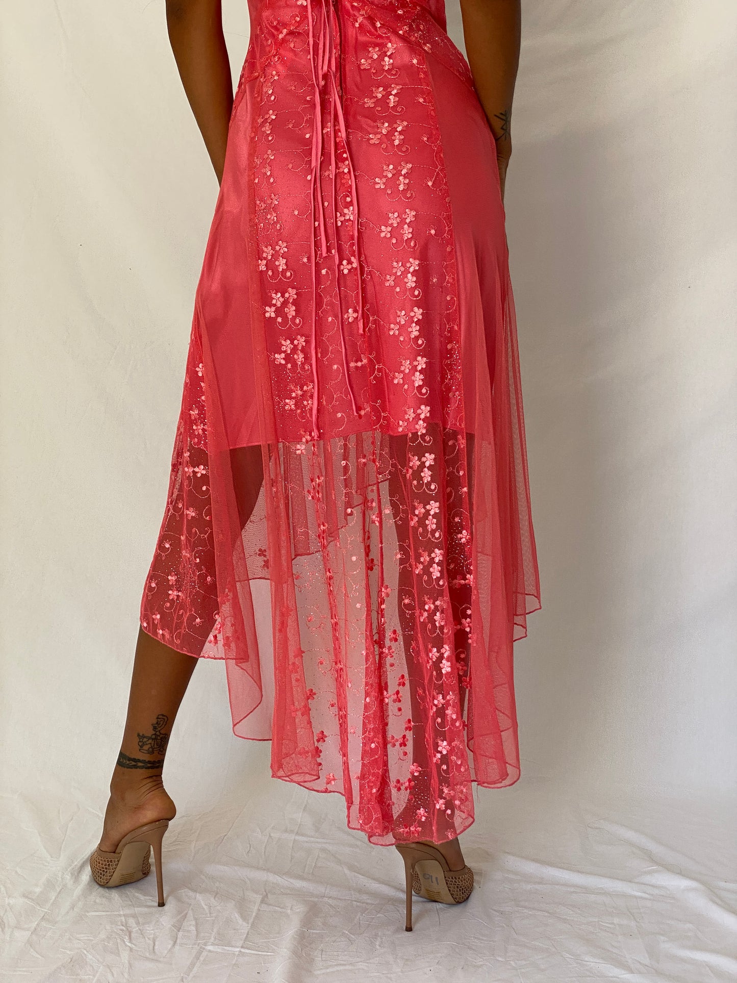 Vintage Y2K Eureka USA Hot Pink Embroidered Glitter Mesh High-Low Dress - XS