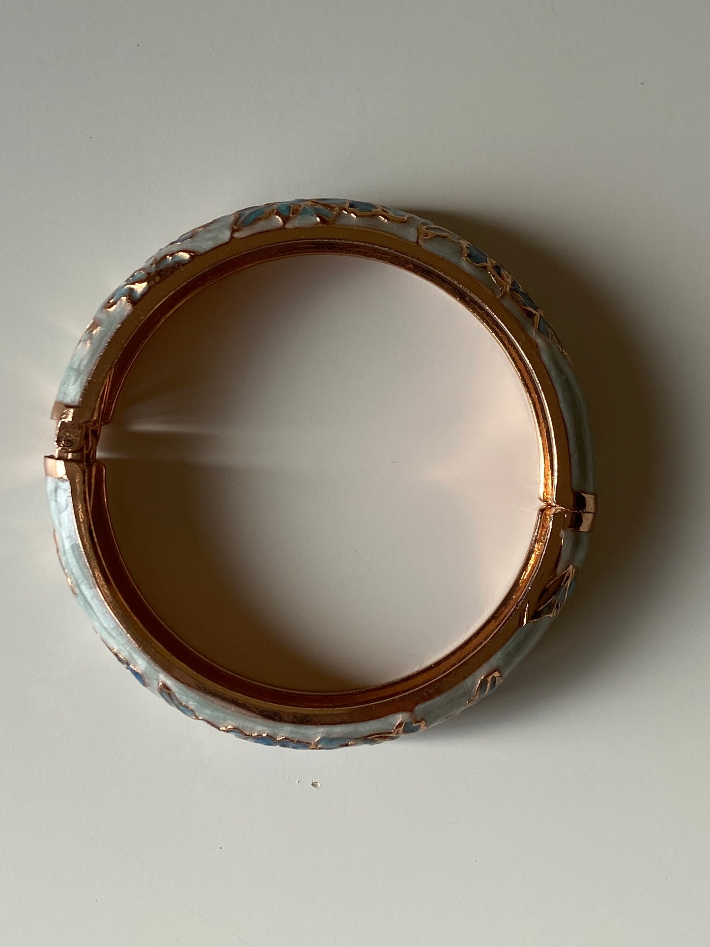 Vintage Chinese Cloisonné Floral Bangle Bracelet Blue Enamel Flowers Rose Gold-Tone Metal