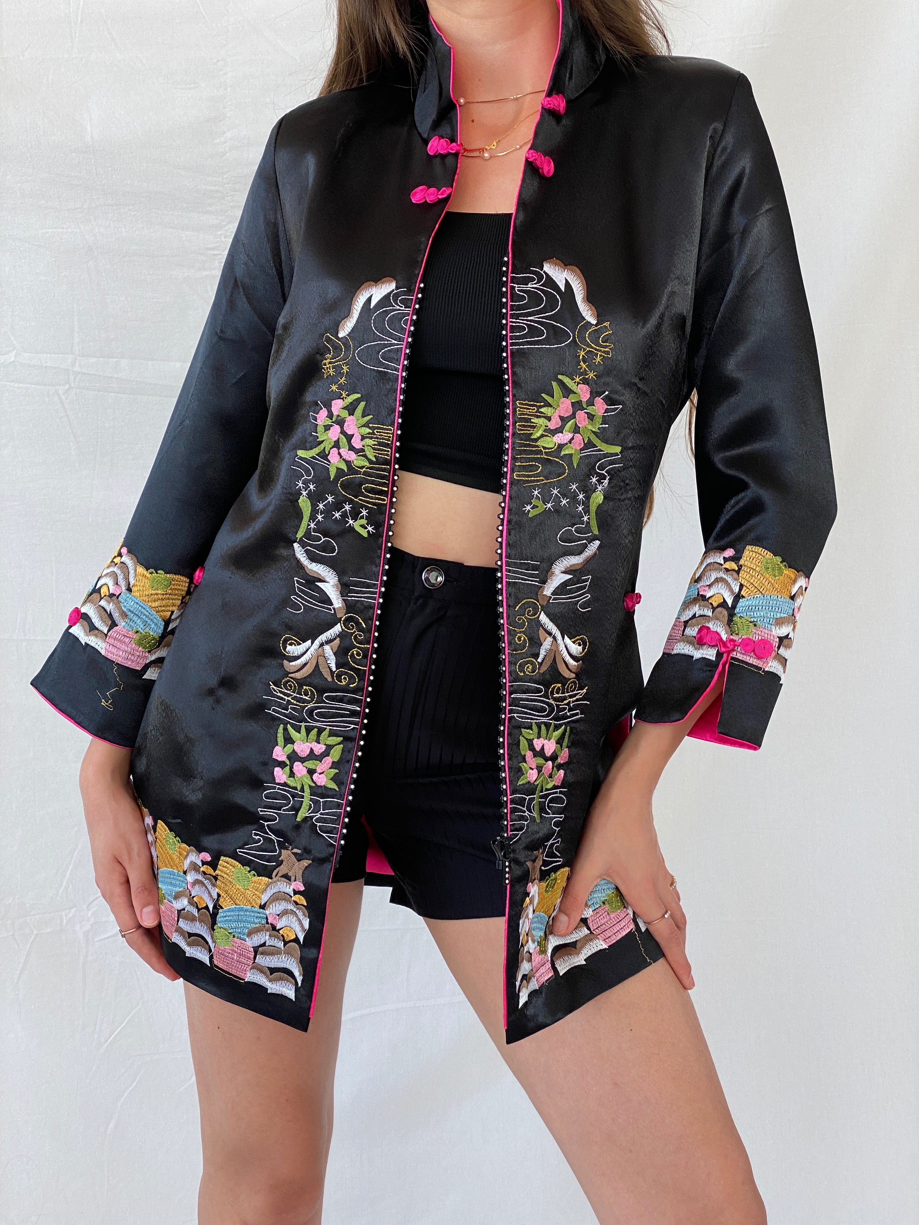 جاكيت معطف مطرز فني آسيوي من حرير التنين، هانغتشو، الصين - مقاس كبير