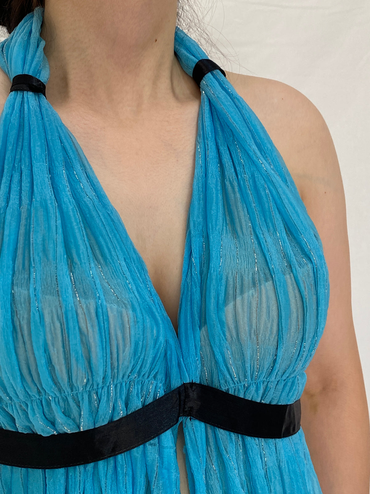 Vintage Y2K Blue Sheer Halter Open Back Mesh Top with Black Satin Trim - S Vintage Y2K Blue Sheer Halter Open Back Mesh Top with Black Satin Trim - S