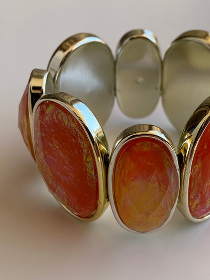 Vintage Orange Lucite Cabochon Silver-Tone Elastic Statement Bracelet