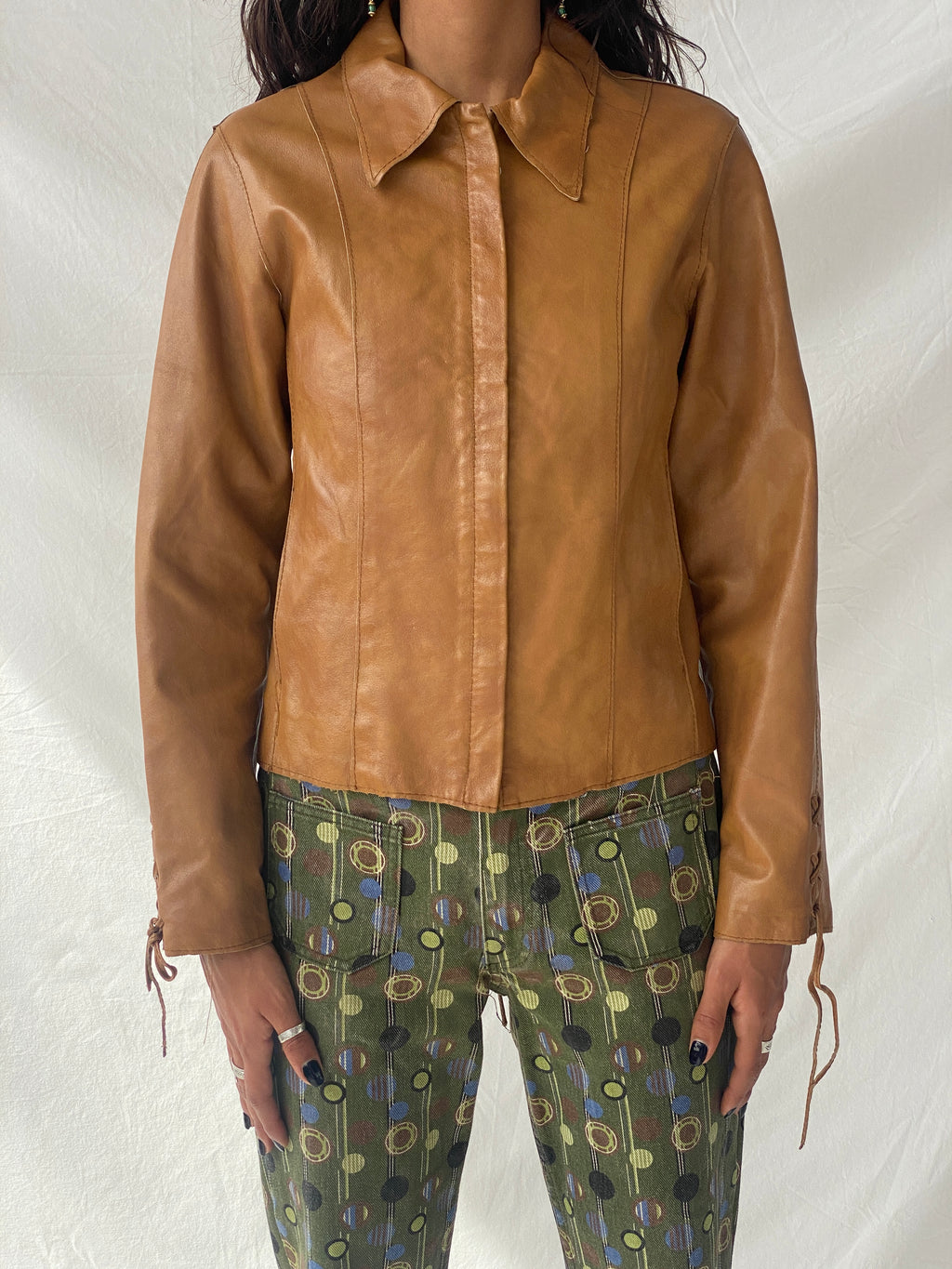 Vintage Conbipel Camel Genuine Leather Lace-up Detail Women’s Jacket - S