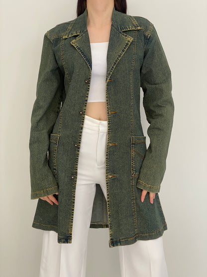Vintage Y2K C&Y Classic Jeans Olive Blue Cotton Denim Longline Blazer Coat - XL