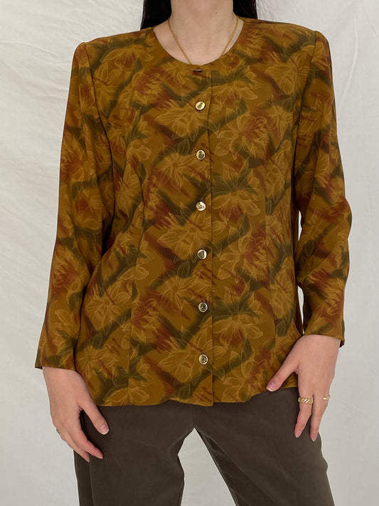 Vintage Handmade Floral Autumn Blouse Brown Mustard Button Front Long Sleeve Shirt - M