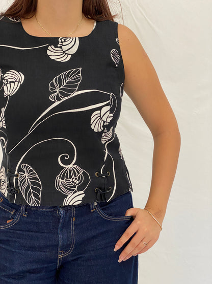 Vintage CASSANI Black Linen Floral Sleeveless Top – M