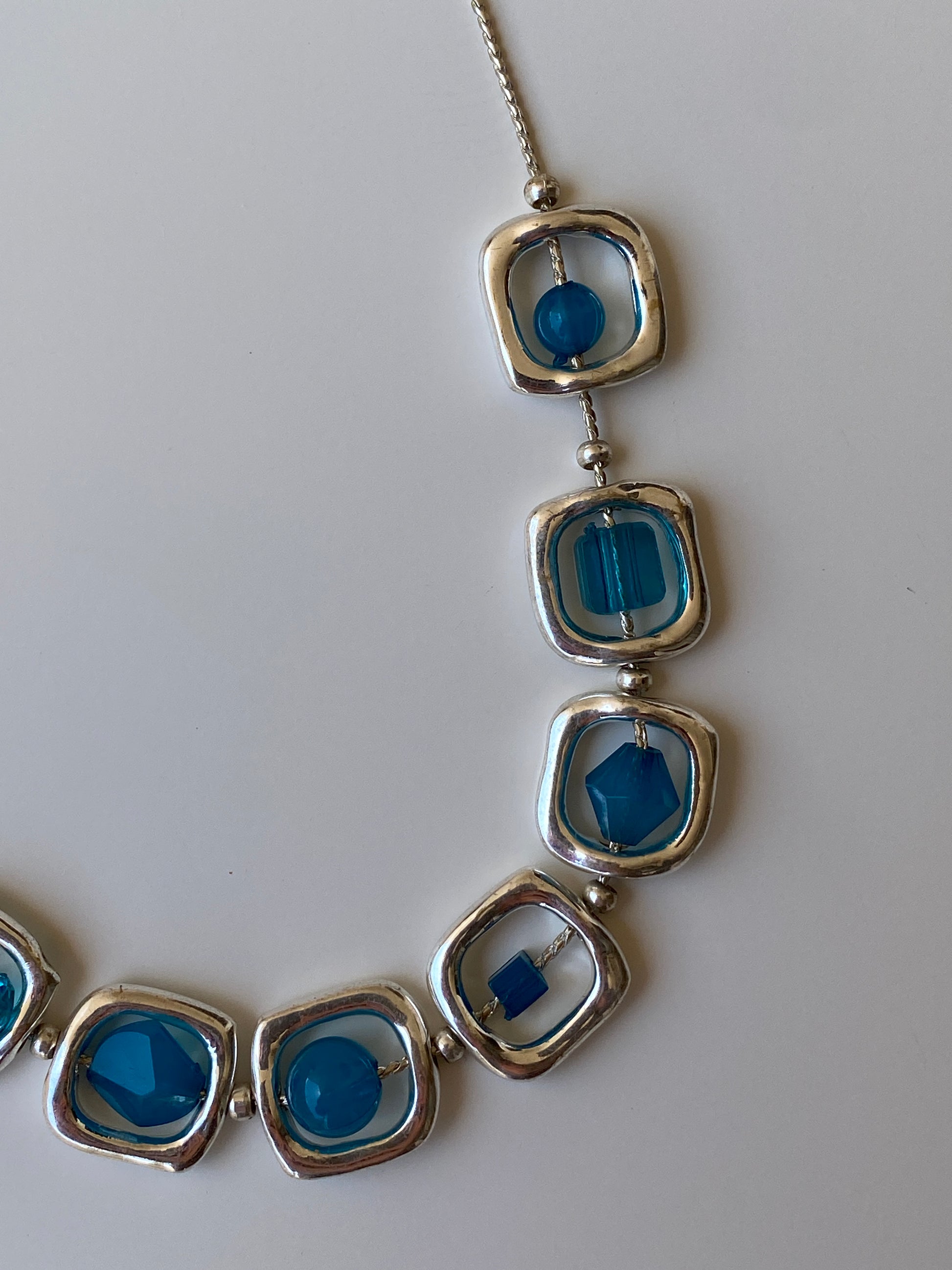 Y2K Blue Crystal Bead Framed Square Link Silver Necklace Y2K Blue Crystal Bead Framed Square Link Silver Necklace