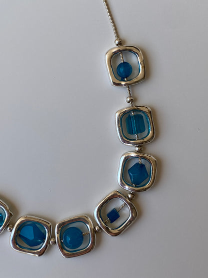 Y2K Blue Crystal Bead Framed Square Link Silver Necklace