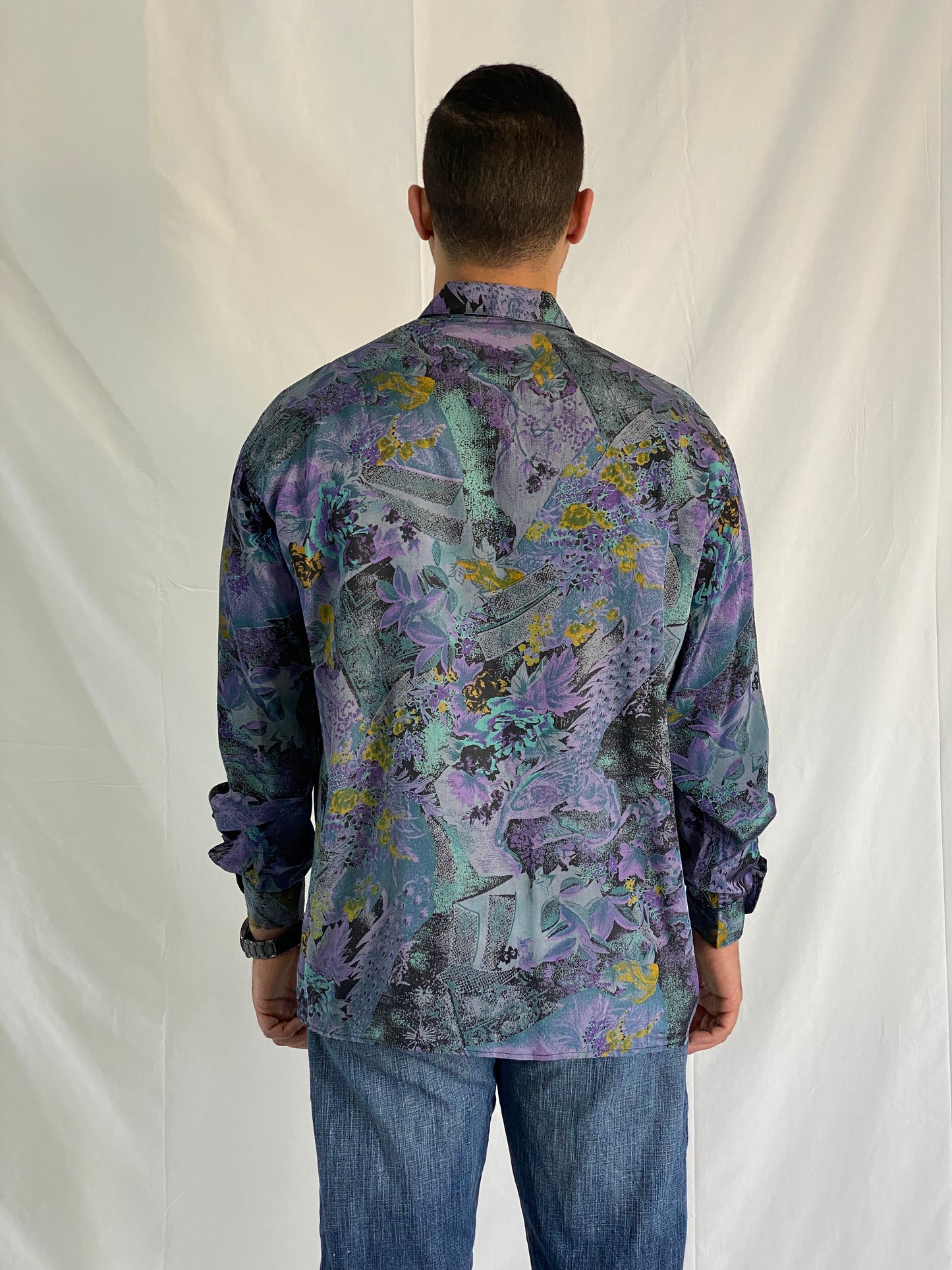 Vintage Purple And Teal Abstract Long Sleeve Floral Men’s Silk Shirt - L
