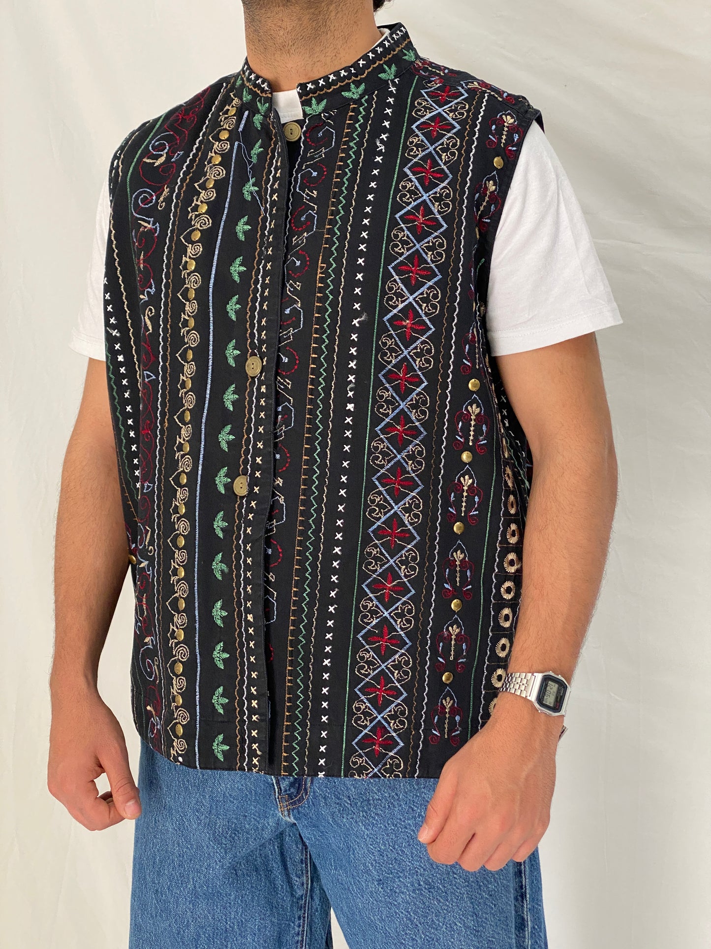 Vintage Tribal Embroidered Black Cotton Vest Oversized Boho Folk Waistcoat - L