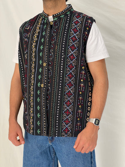 Vintage Tribal Embroidered Black Cotton Vest Oversized Boho Folk Waistcoat - L