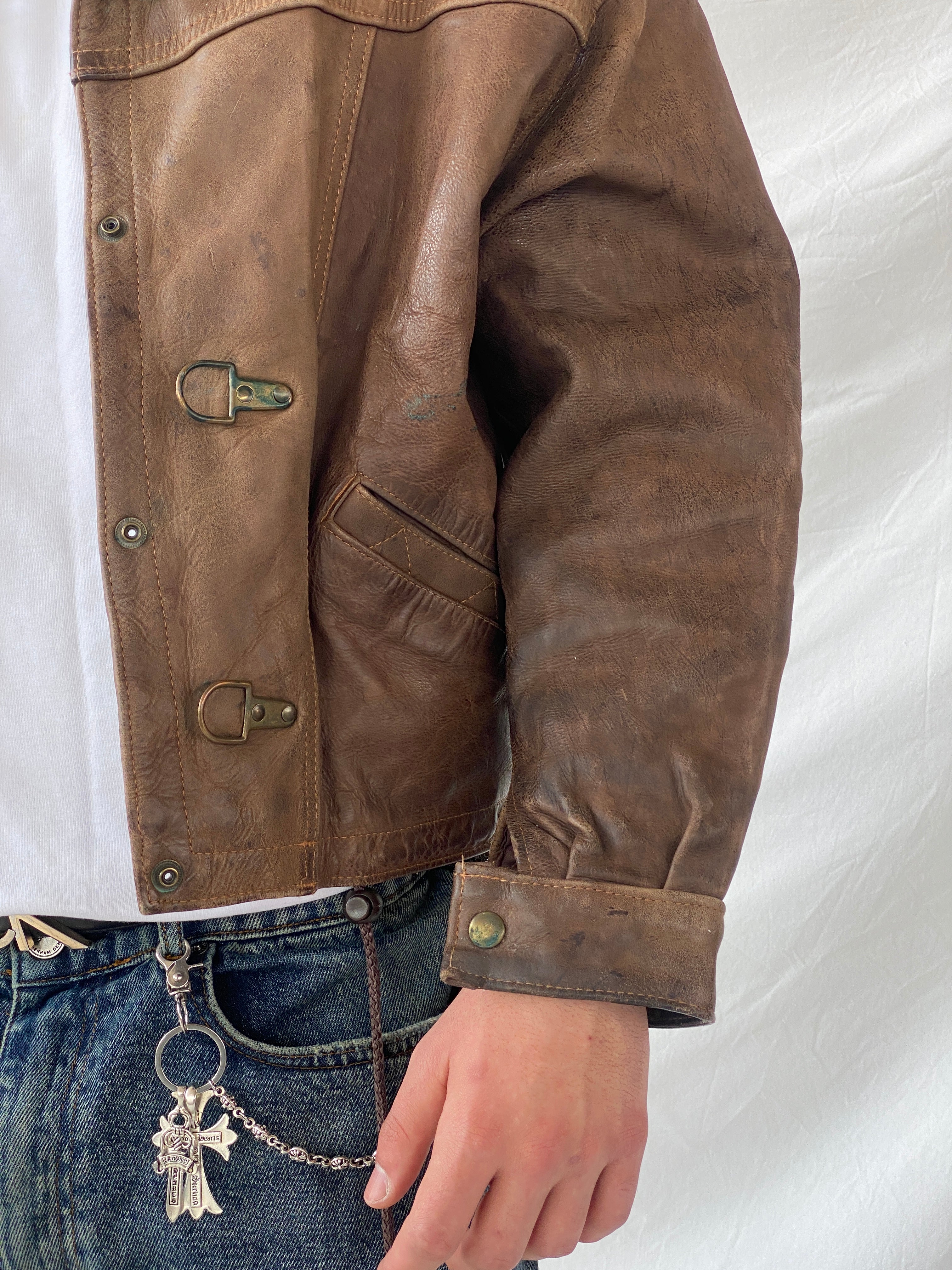 Vintage GELY CUIR Paris Genuine Brown Leather Cropped Heavy Bomber Jacket - S