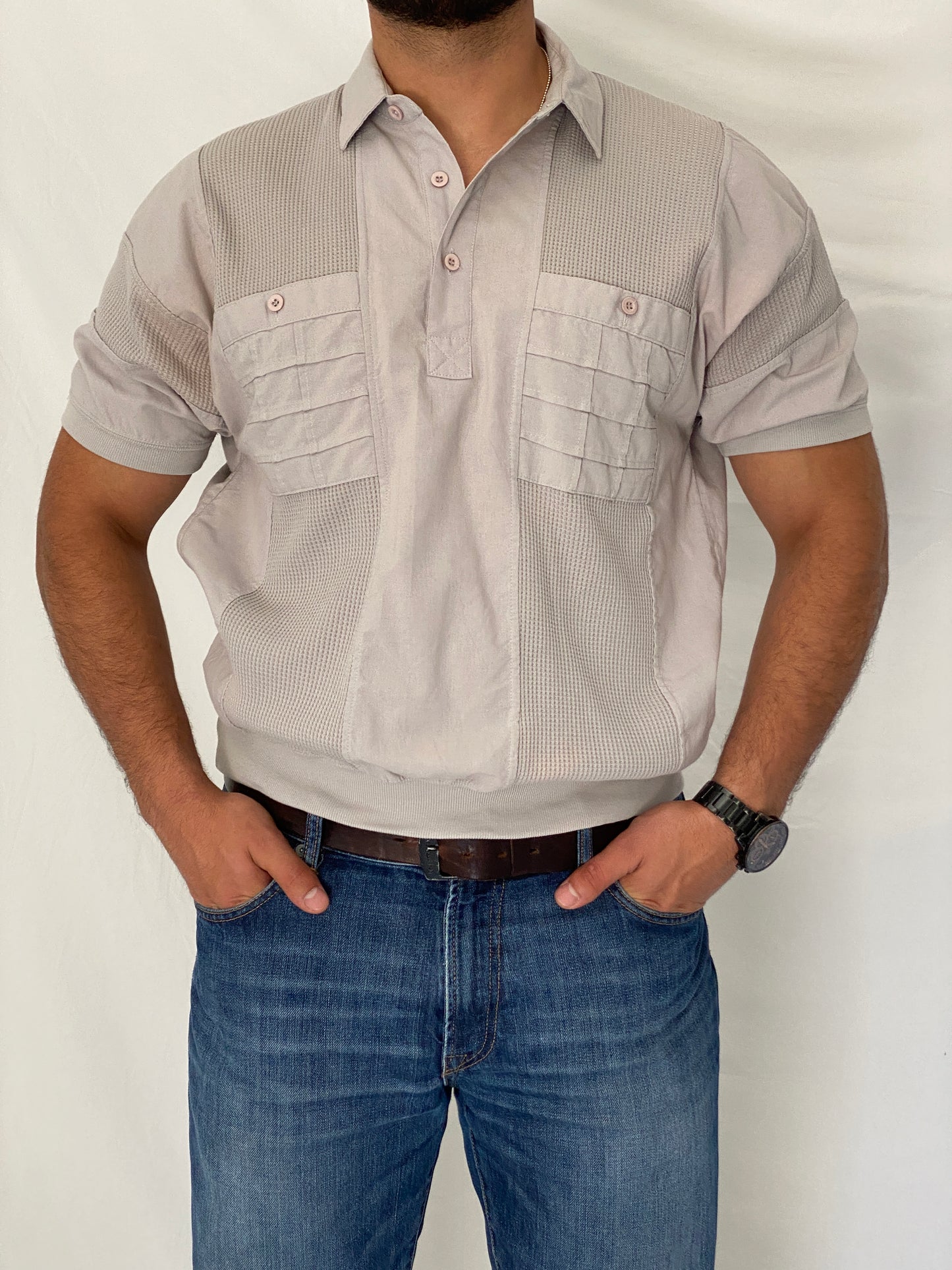 Vintage 90s Alexxus Exclusive Gray Textured Panel Polo Shirt – L