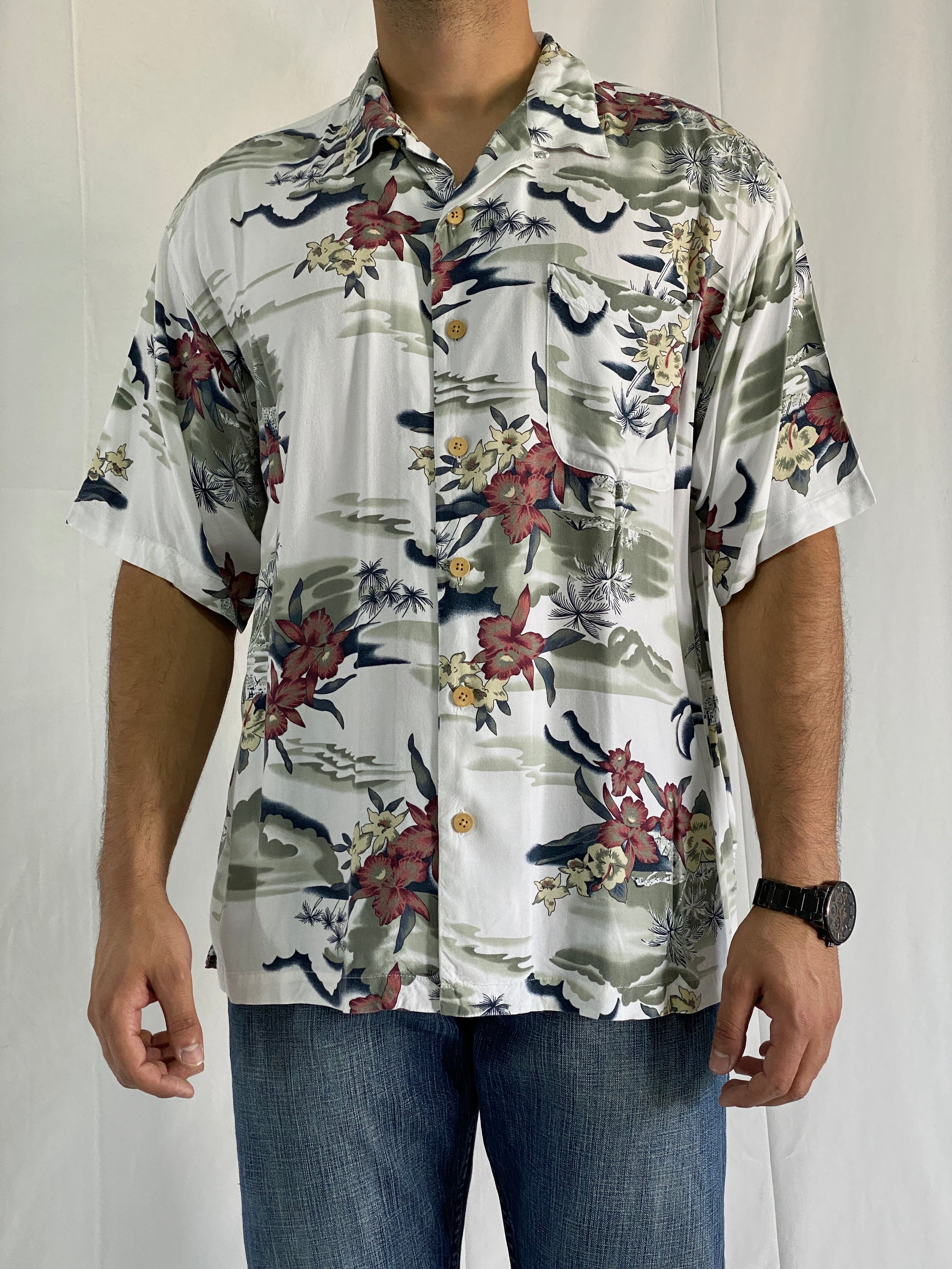 Vintage Original Island Sport Rayon Hawaiian Floral Aloha Button-Up Shirt - XL