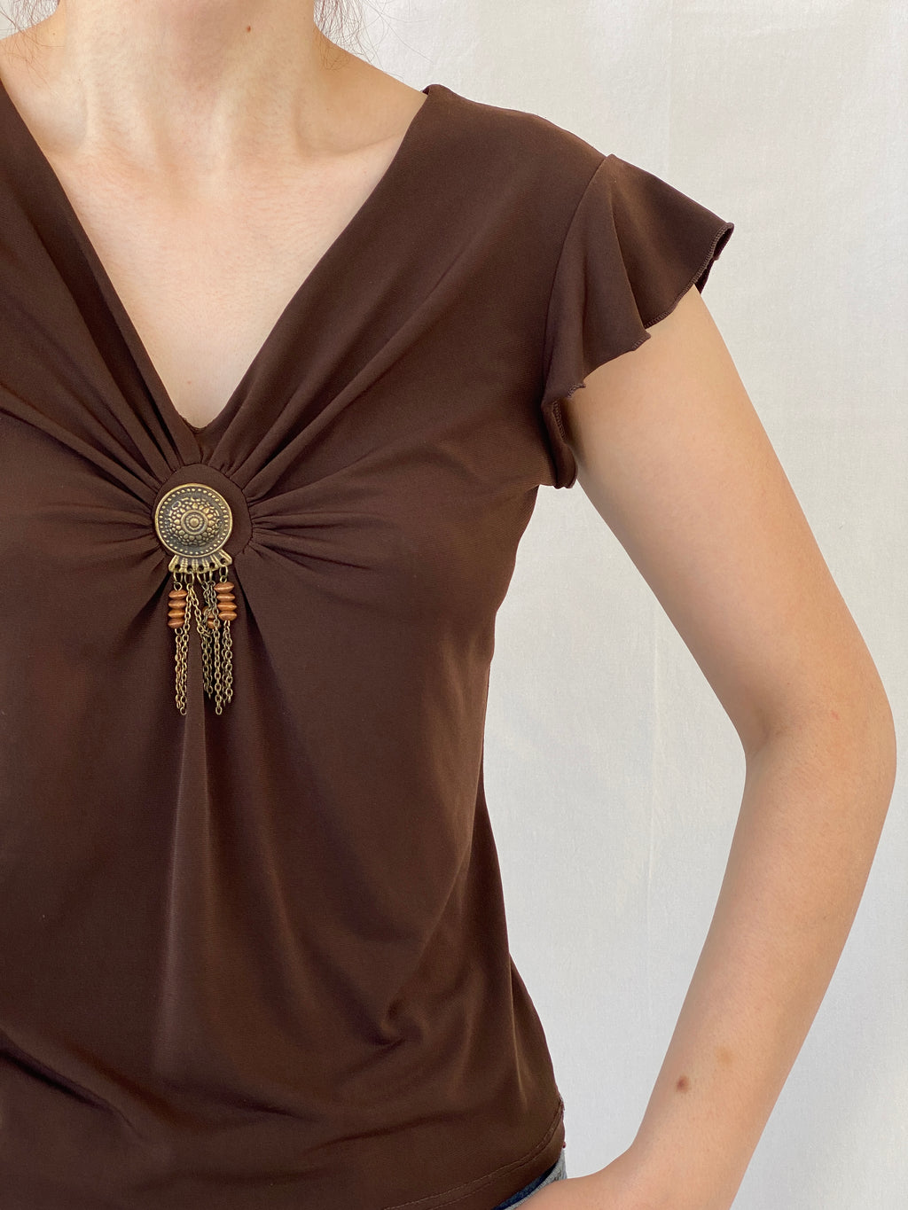 Vintage Y2K Versailles Brown Half Sleeve V-Neck Women’s Top - S
