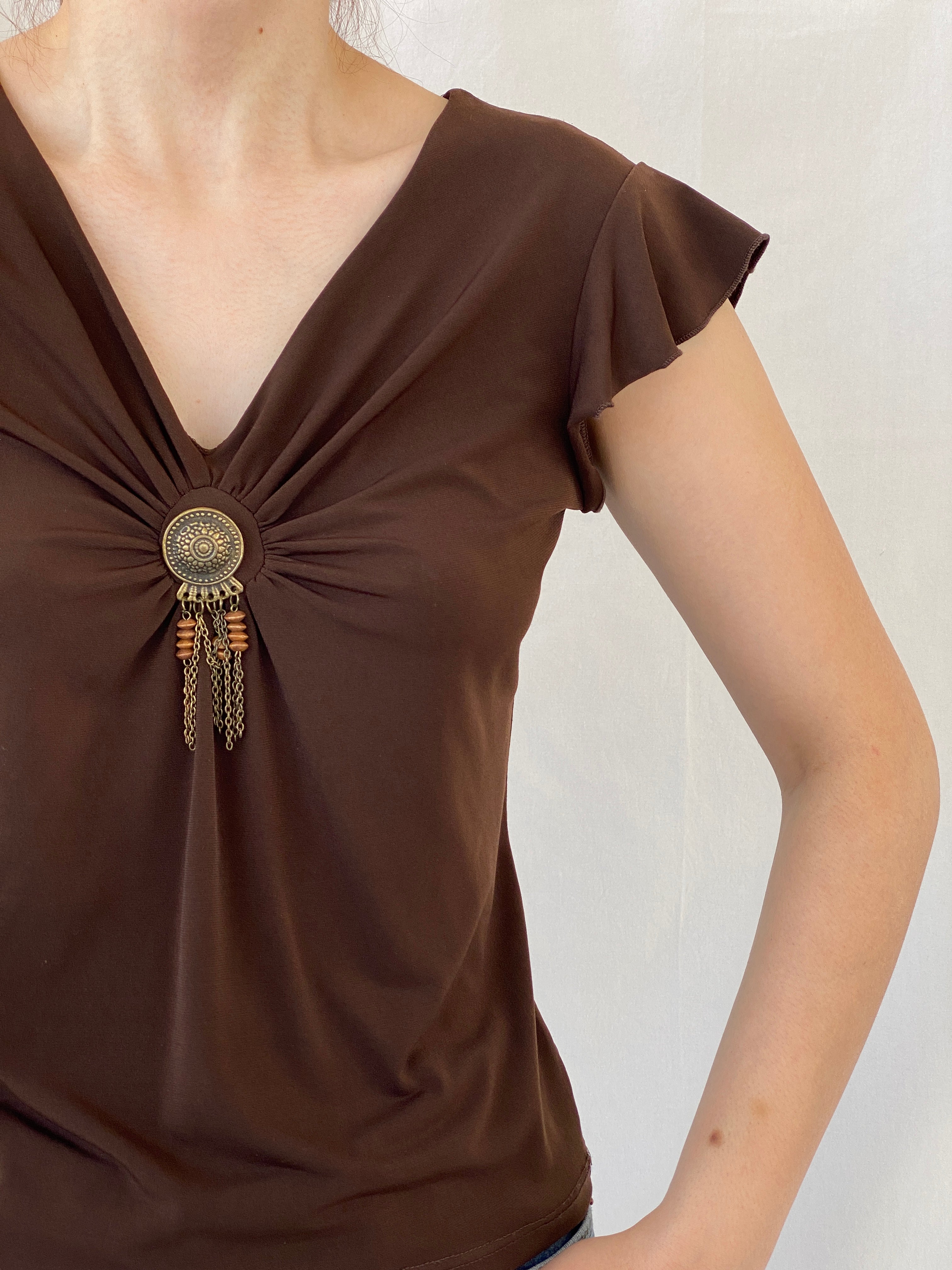 Vintage Y2K Versailles Brown Half Sleeve V-Neck Women’s Top - S