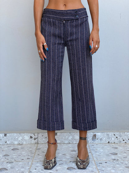 Vintage Y2K Grey Pinstripe Cropped Wide Leg Trousers Low Rise Office Siren Pants - S