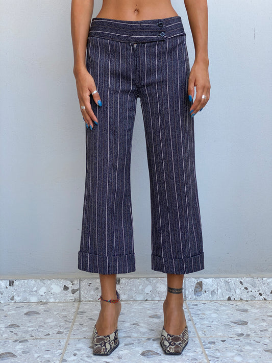 Vintage Y2K Grey Pinstripe Cropped Wide Leg Trousers Low Rise Office Siren Pants - S
