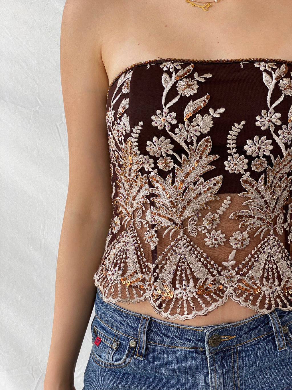 كورسيه حفلات من قماش شبكي مطرز بالترتر من التسعينيات - مقاس صغير