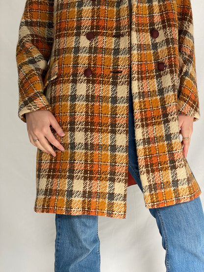 Vintage Brown & Rust Plaid Oversized Double-Breasted Wool Blend Coat with Velvet Collar - XL