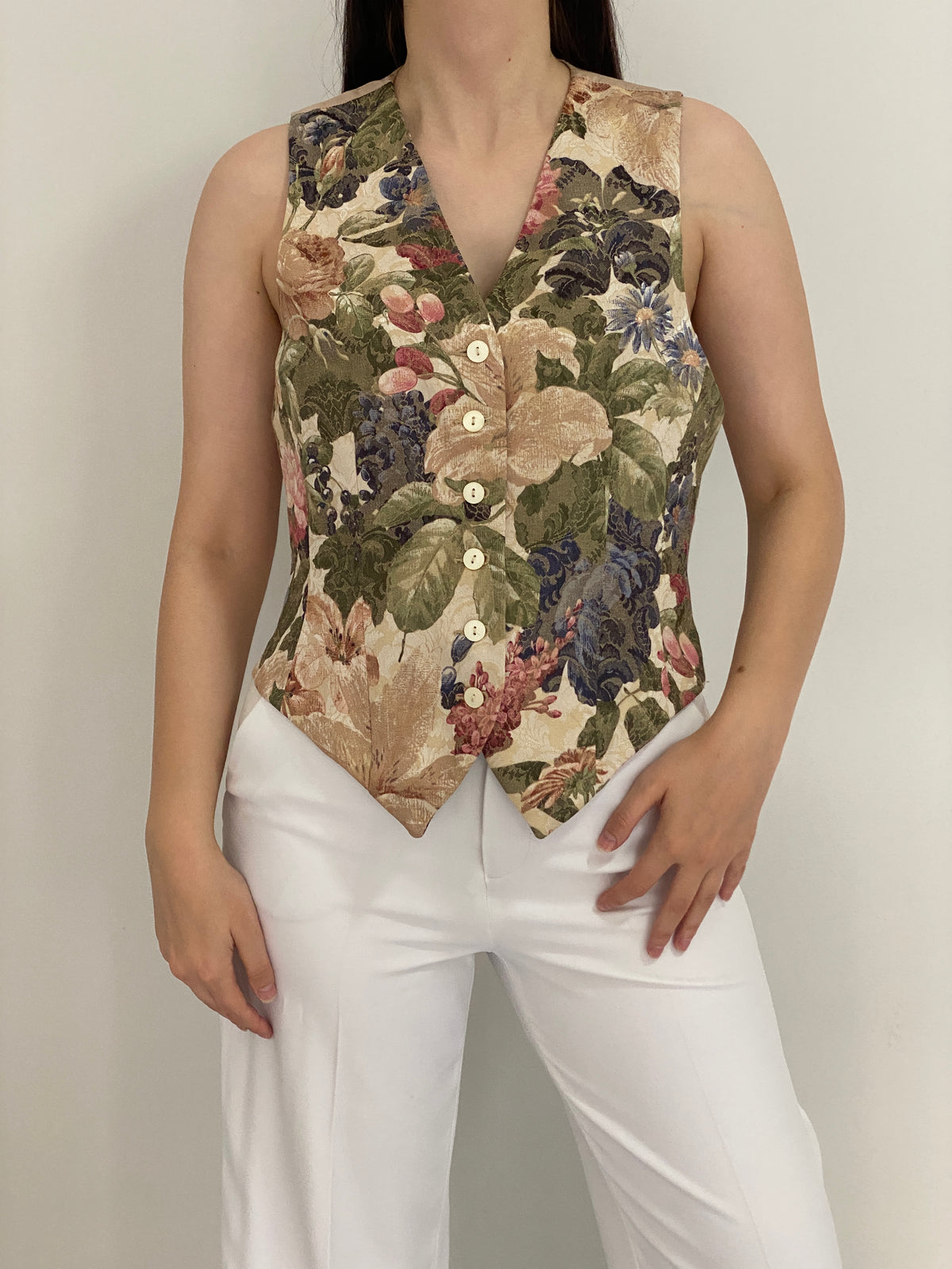 Vintage 90s Liz Claiborne Collection Beige Floral Tailored Vest – M
