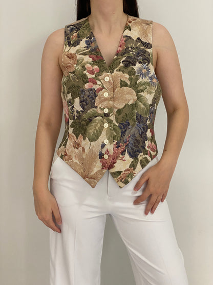 Vintage 90s Liz Claiborne Collection Beige Floral Tailored Vest – M